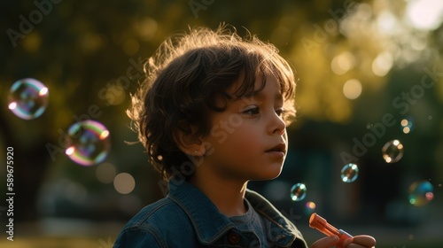 Cheerful boy blowing bubbles in the park with a big smile on his face. Generative AI.