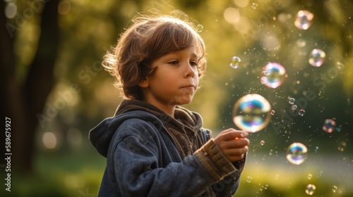 Cheerful boy blowing bubbles in the park with a big smile on his face. Generative AI.