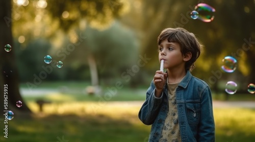 Cheerful boy blowing bubbles in the park with a big smile on his face. Generative AI.
