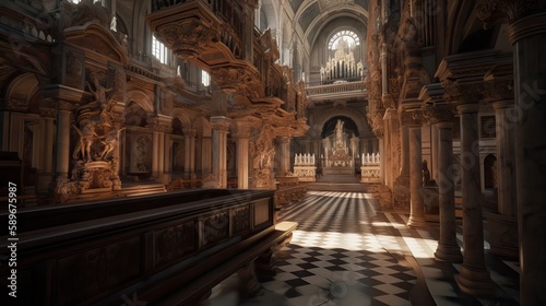 Exquisite interior of a cathedral  featuring vaulted ceilings  towering columns  intricate carvings  and stained-glass windows that flood the space with colorful light  generative ai