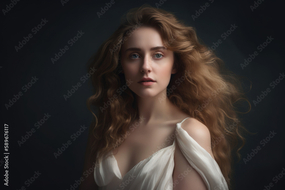 Radiant Woman with Wavy Hair and Regal Demeanor in Neo-Classical Style Portrait, generative ai Radiant Woman with Wavy Hair and Regal Demeanor in Neo-Classical Style Portrait, generative ai