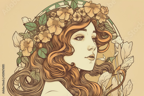 Radiant Woman with Flower Crown and Soft Lines in Art Nouveau Style, generative ai photo