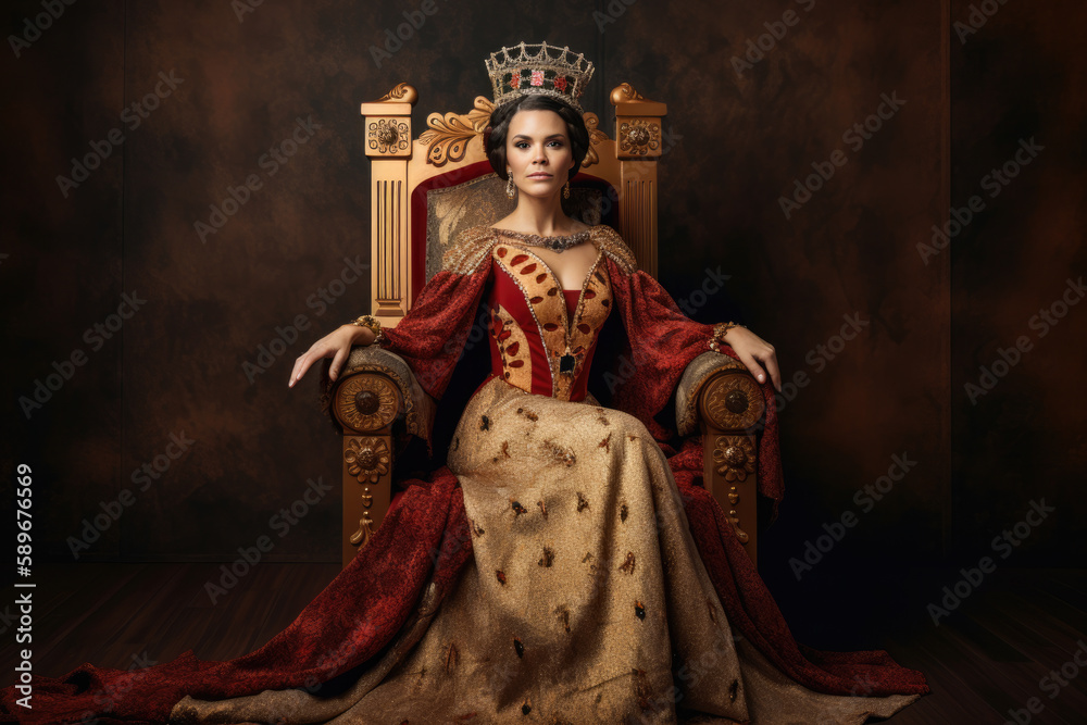 Regal queen with a crown on her head and a luxurious gown, seated on her throne with an elegant background, generative ai