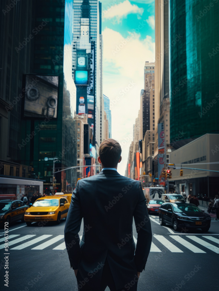 Rear view of a man in suit holding hands in trousers pockets standing in the downtown. Self-confident businessman in metropolis. Generative AI. Rear view of a man in suit holding hands in trousers pockets standing in the downtown. Self-confident businessman in metropolis. Generative AI.