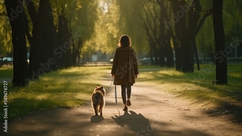Cheerful woman walking her dog in a park on a sunny day. Generative AI.