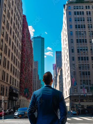 Back view of a businessman in suit standing in the street downtown. Man looks up at the high buildings. Generative AI. © Vadim