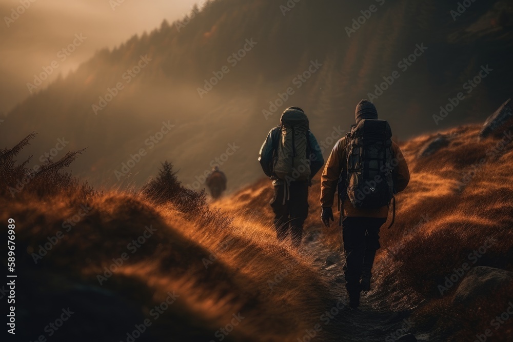 Fototapeta premium Adventure Seekers: Hiking and Enjoying Outdoor Sports and Activities in Scenic Landscapes. Generative AI