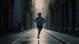 Determined young woman jogging on an urban street with a serious expression on her face. Generative AI.