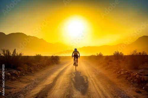 Lone bicyclist riding by the sandy road. Sportsman on a bike at backdrop of white sun and yellow horizon. Generative AI.