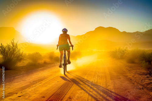 Rear view of a woman riding a bike. Bicyclist on the dirt road at sunset on summer day. Silhouettes of mountains at backdrop. Generative AI.