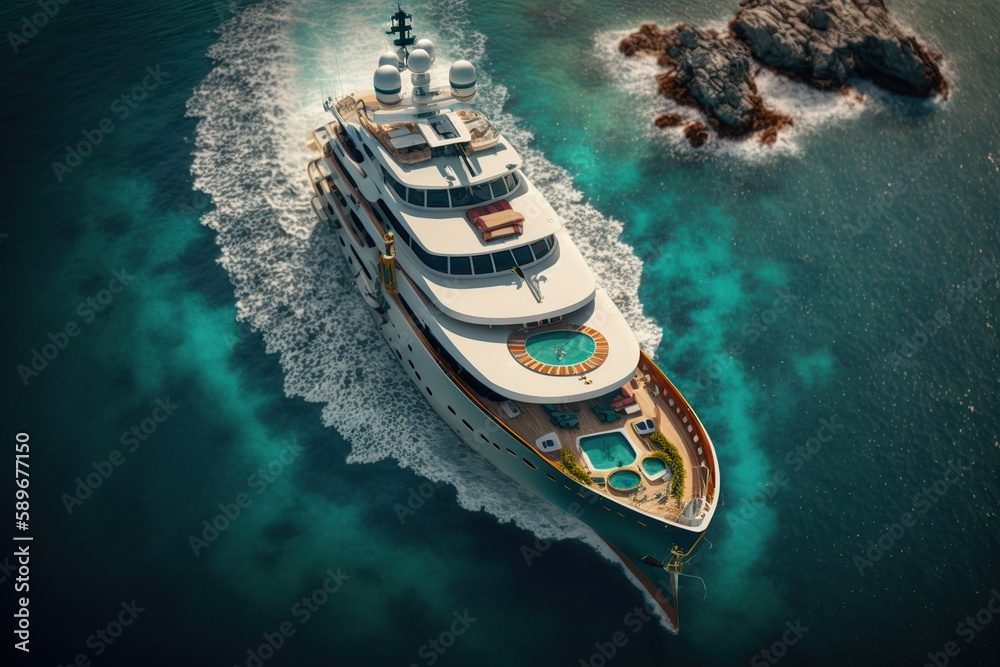 Aerial view of luxury yacht in mediterranean island paradise.Generative AI