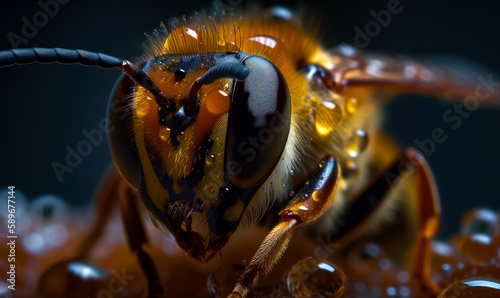 Honey insect looking at camera. Front part of the fluffy bee in raindrops close up. Black backdrop. Generative AI.