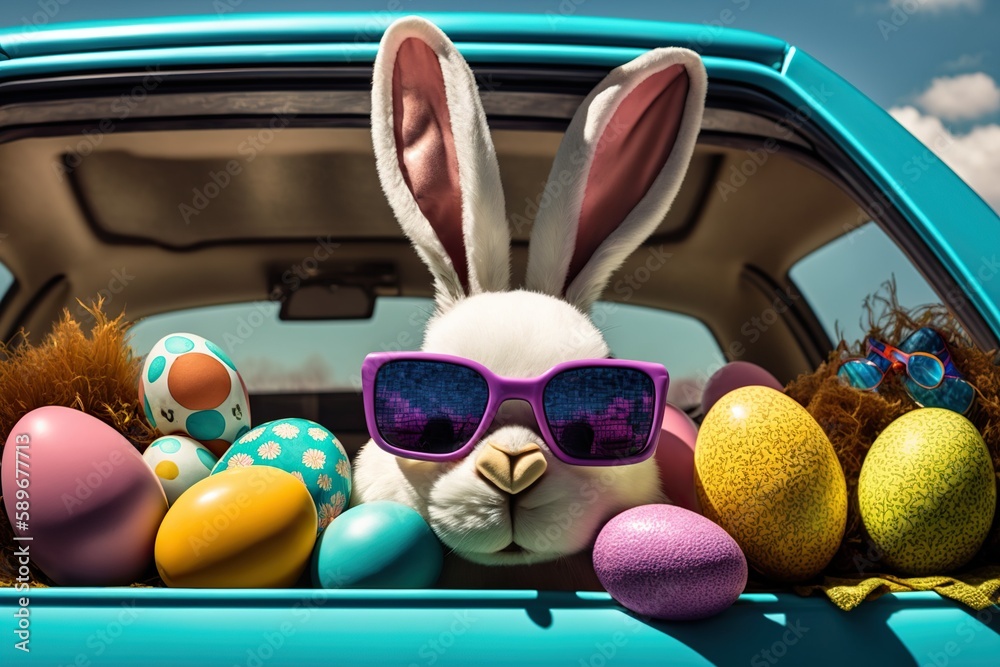 Cute Easter Bunny with sunglasses looking out of a car filed with easter eggs. Generative AI