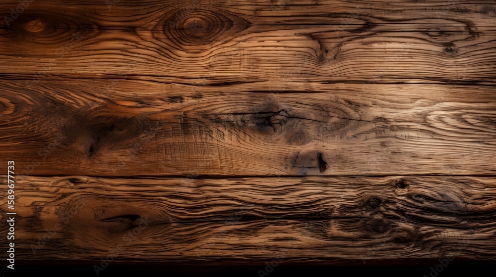 Fototapeta premium Warm brown wooden texture with visible knots and grains for a rustic feel. Generative AI