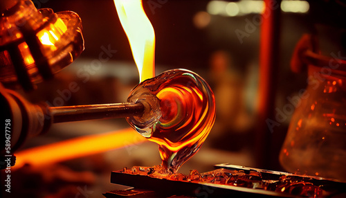Glass blower forming beautiful piece of glass. A glass crafter is burning and blowing an art piece.
