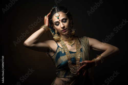 Serene Bollywood dancer in a graceful pose wearing a flowing dress and adorned with intricate jewelry, generative ai