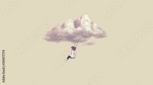 Girl and cloud. imagination and freedom concept