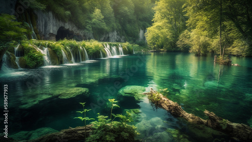 schöne Landschaft bei schönem Wetter mit toller Aussicht am See. Generative Ai.