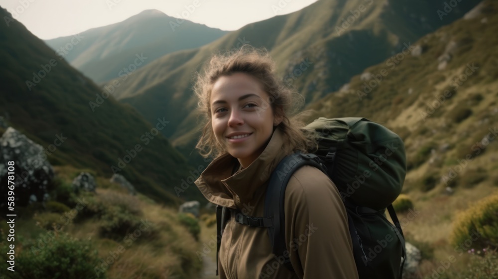 Smiling woman hiking in the mountains with a beautiful view. Generative AI.