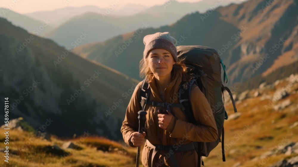 Smiling woman hiking in the mountains with a beautiful view. Generative AI.