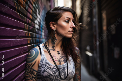 Soulful and contemplative portrait of a woman with intricate tattoos and a serious expression in an urban graffiti setting, generative ai