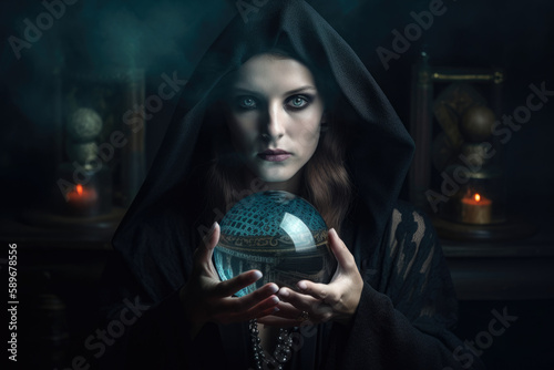 Fotografia Sorceress with a Crystal Ball in a Surrealist Art Style, generative ai
