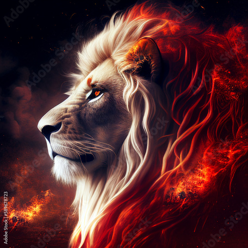 White Fire Red Lion - Fiery Illustration of a Majestic Wild Animal - generative AI