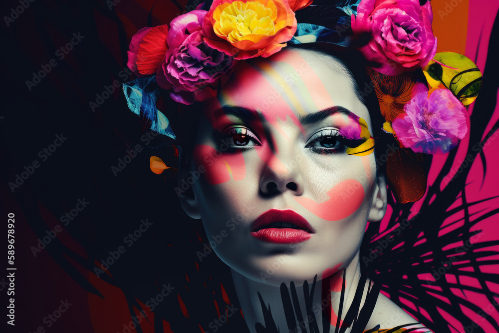 Φωτογραφία stunning portrait of a woman with colorful flowers woven into her hair, set agai