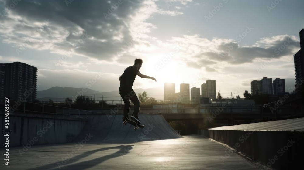 Confident man skateboarding in a skate park with skill and precision. Generative AI.