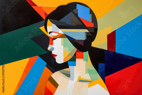 Suprematism inspired portrait of a woman with an emphasis on abstract shapes and a bold, bright color palette, generative ai