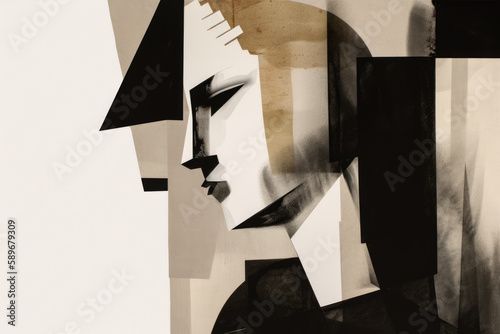 Suprematism portrait of a woman with a cubist twist, featuring fragmented shapes and angular lines, generative ai photo