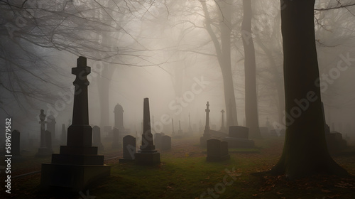 misty morning in the graveyard generative ai