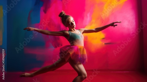 Energetic girl dancing with a big smile in a colorful dance studio. Generative AI.