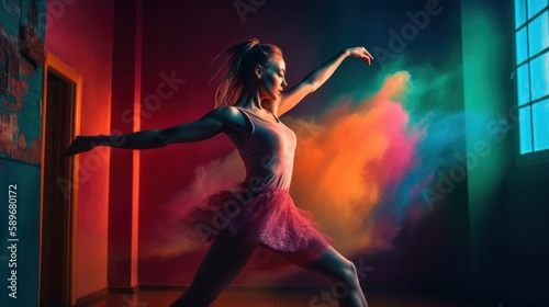 Energetic girl dancing with a big smile in a colorful dance studio. Generative AI.