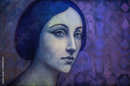 Synthetism portrait of a woman with intricate features and a contemplative expression, set against a textured background of deep blues and purples, generative ai