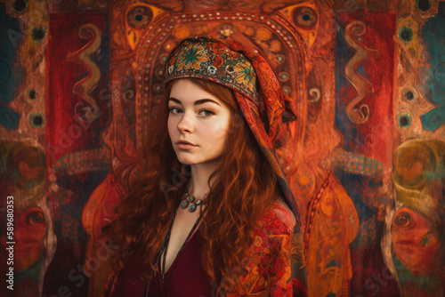 The Bohemian Queen with a Tapestry Background, generative ai