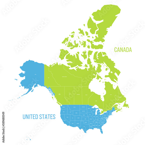United States and Canada political map of administrative divisions. Colorful vector map with labels.