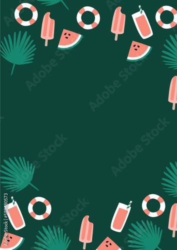 summer tropical exotic leaves green botanical background. summer watermelon background. popsicles ice cream turquoise tropical leaves  lifeline