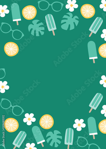 summer tropical exotic leaves green botanical background. summer watermelon background. popsicles ice cream turquoise tropical leaves. sunglasses, lemons monstera.