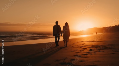 Happy couple walking hand in hand on a beach during a beautiful sunset. Generative AI. © bomoge.pl
