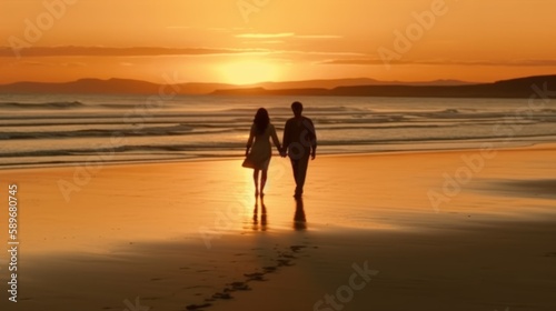 Happy couple walking hand in hand on a beach during a beautiful sunset. Generative AI.