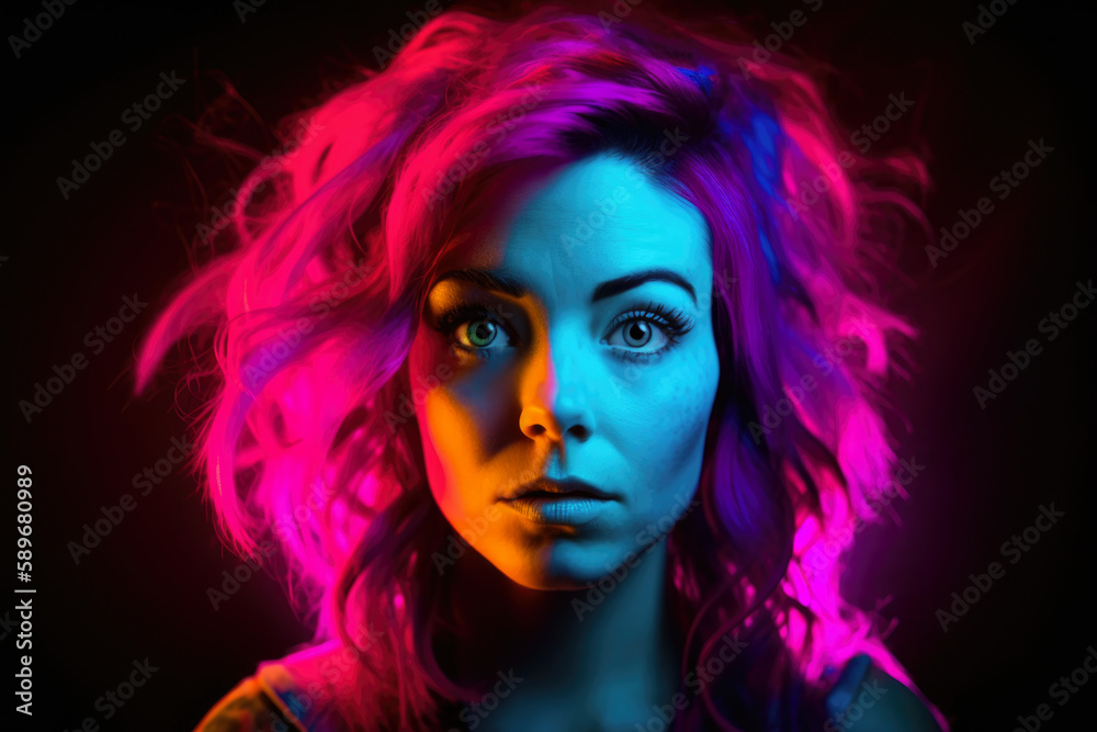 Vibrant neon portrait of a woman with striking blue eyes and flowing magenta hair, against a dark background, generative ai