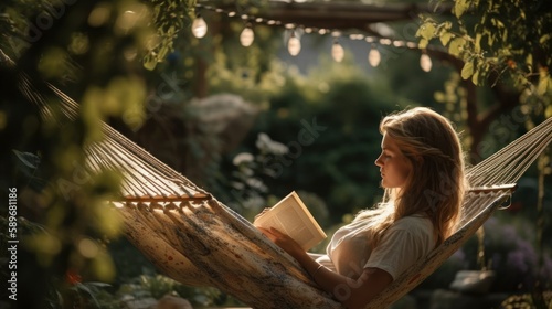 Relaxed woman reading a book on a hammock in a beautiful garden. Generative AI.