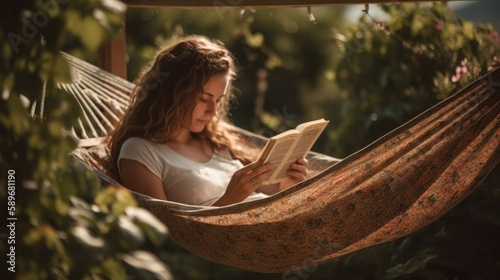Relaxed woman reading a book on a hammock in a beautiful garden. Generative AI.