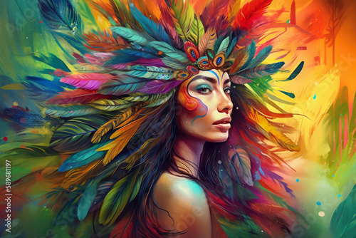 Vibrant portrait of a woman in a Mother Nature-inspired art style, adorned with colorful feathers and surrounded by tropical foliage, generative ai