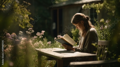 Thoughtful woman reading a book on a bench in a beautiful garden. Generative AI.