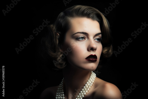 Vintage Portrait of a Stunning Woman in Old Hollywood Style with Bold Red Lipstick and Pearls  generative ai