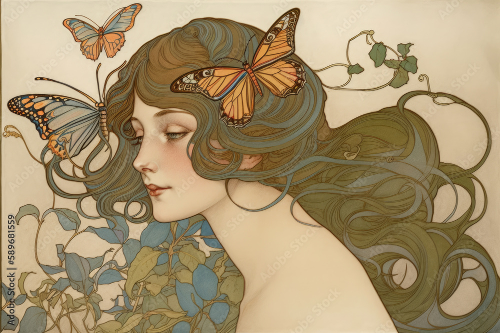 Whimsical Art Nouveau Portrait of a Woman with a Butterfly, generative ai