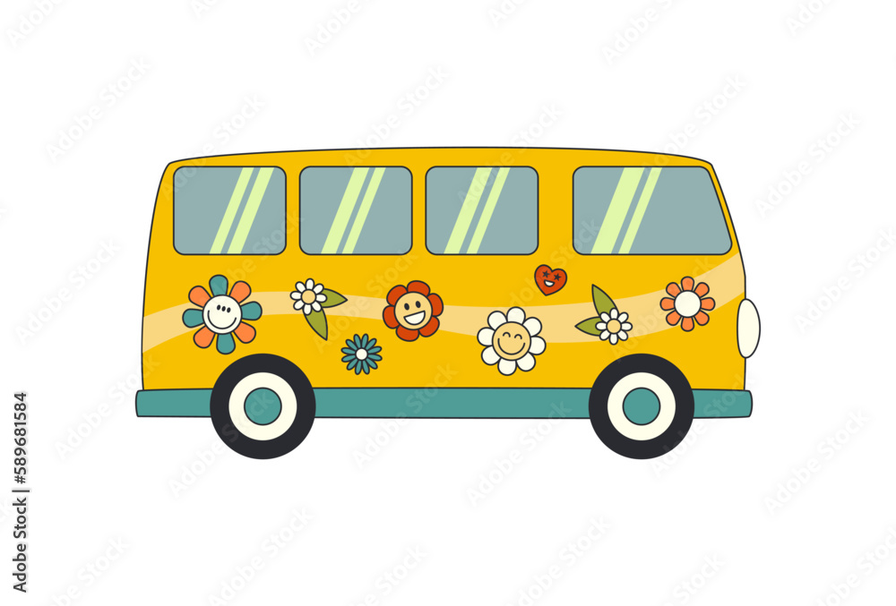 Hippie bus in the style of the 1970. Cartoon illustration in retro hippy style.