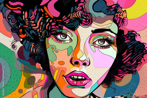 Whimsical Pop Art Portrait of a Playful Woman with Cartoonish Features and Fun Colors, generative ai